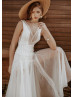 V Neck Ivory Lace Tulle Boho Hippie Wedding Dress